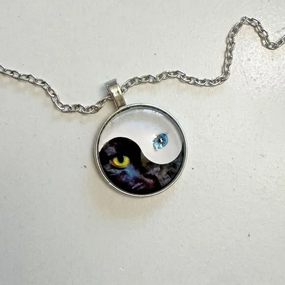 Yin Yang Cat Pendant Necklace – 20 Inches, Silver Tone Chain - Picture 5 of 7